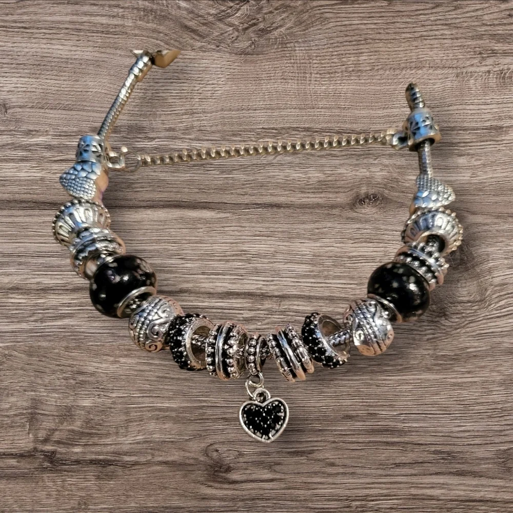Silver & Black Charm Bracelet, Safety Chain, Heavyweight, Approximately …